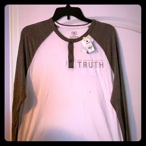 Grey and white long sleeve shirt.